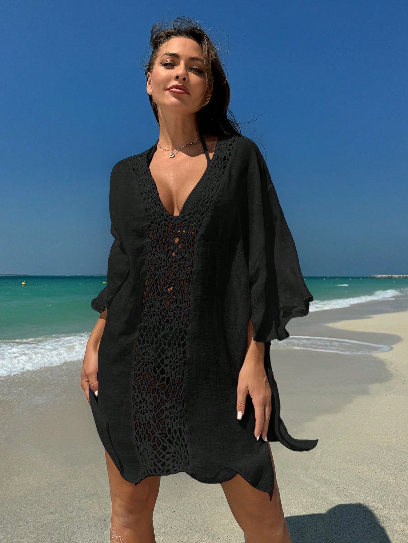 Summer Solid Color Hollow Out Patchwork Side Slit Beach Cover-Up