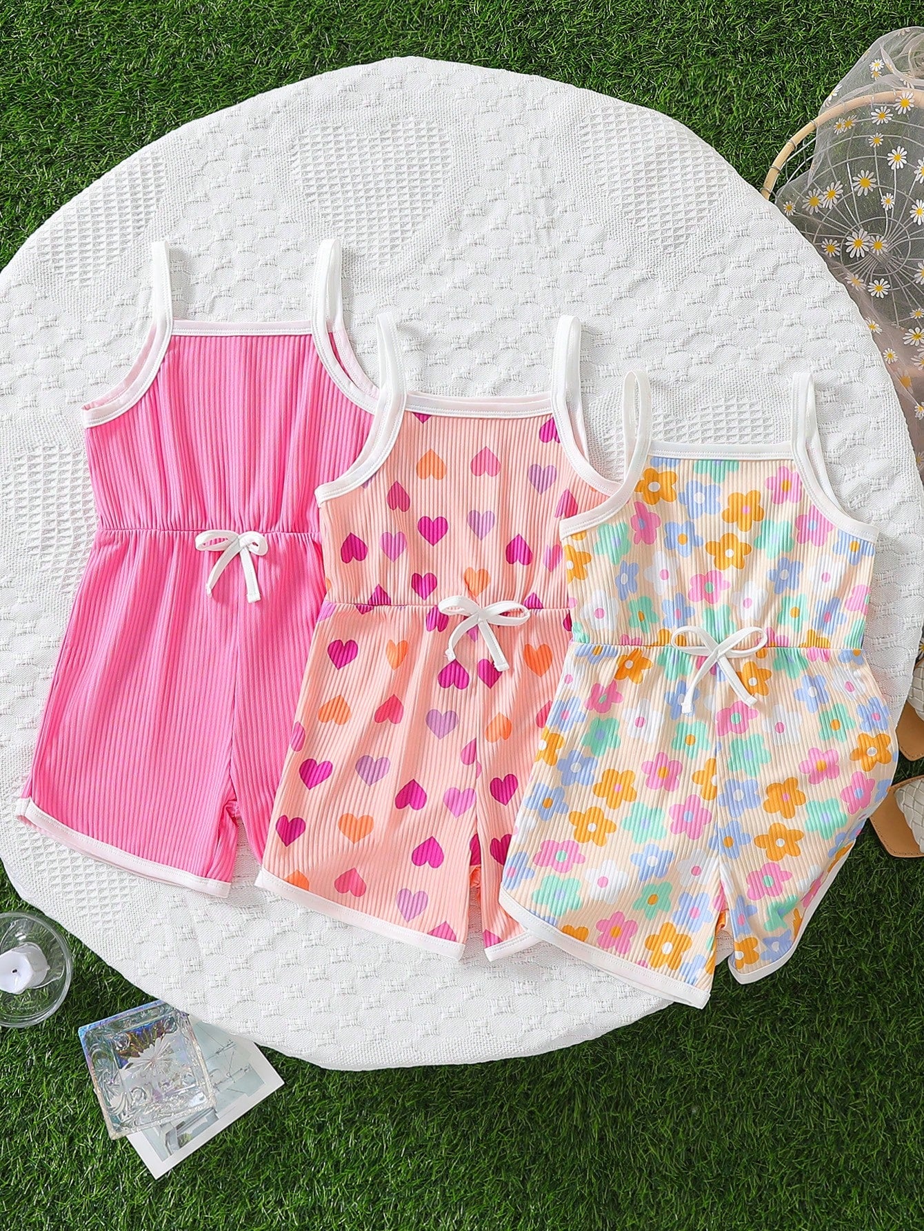 Young Girl 3pcs Cute Cartoon Patterned Rompers With Spaghetti Straps, Various Styles Suitable For Beach, Vacation, And Summer