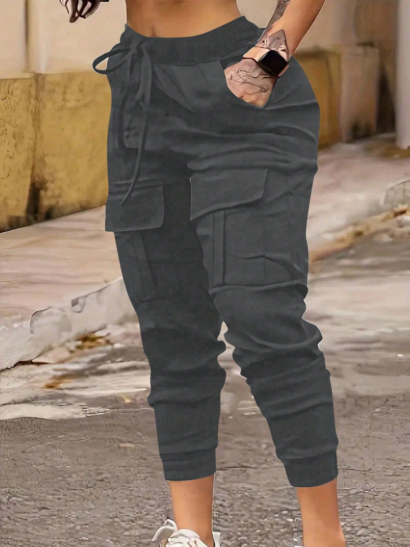 Plus Size Solid Color High Waist Cuffed Cargo Pants