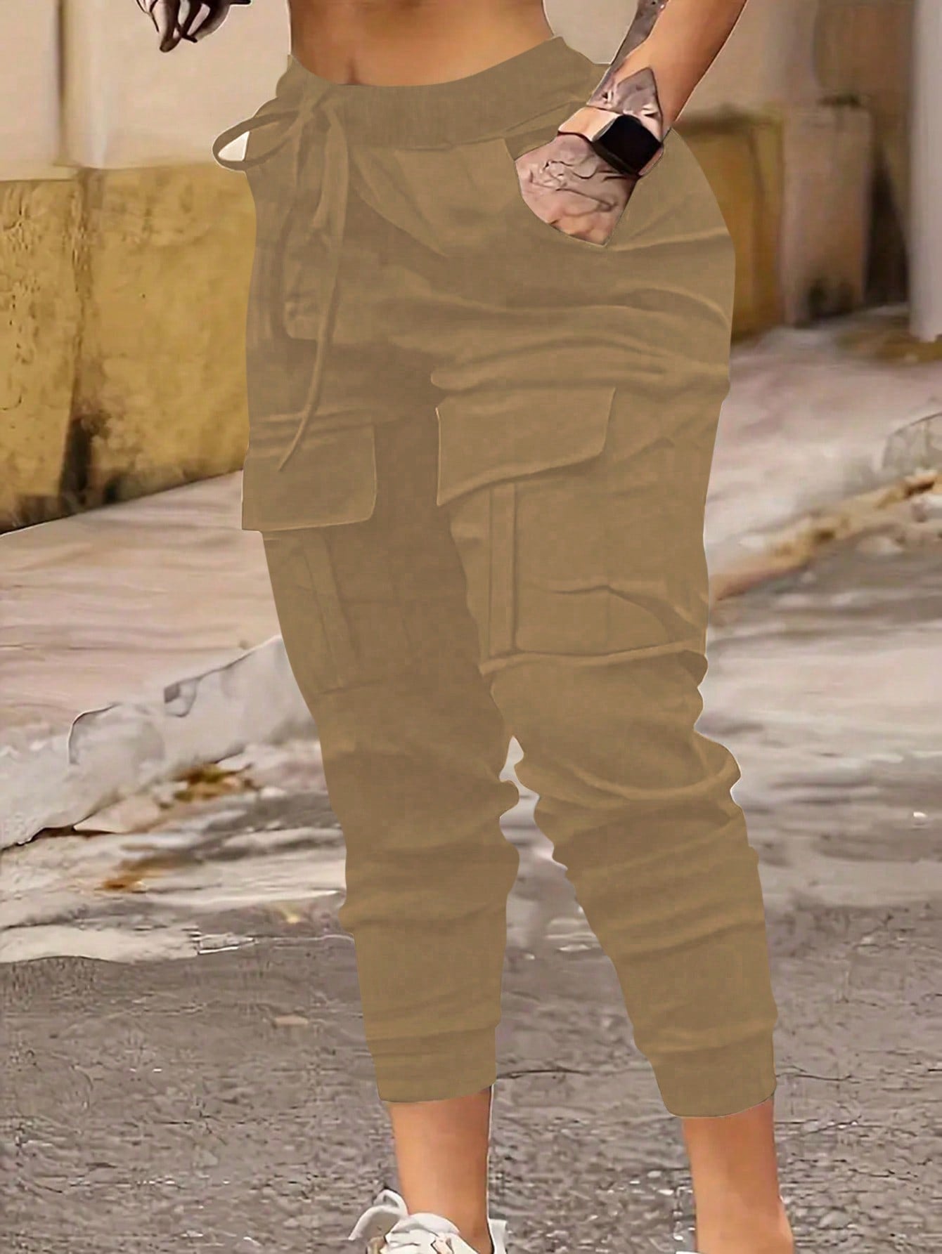 Plus Size Solid Color High Waist Cuffed Cargo Pants