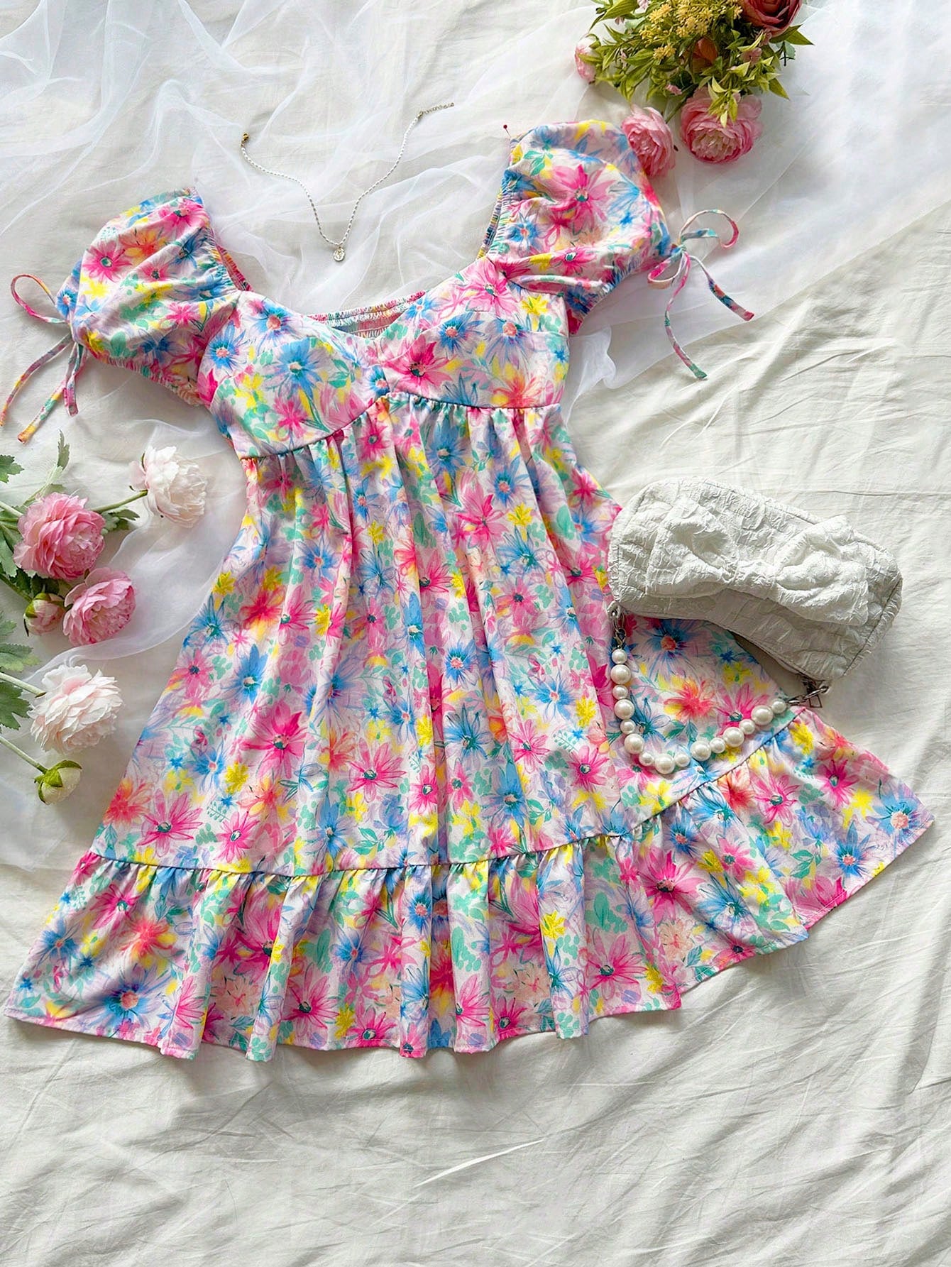 Women Vacation Multi-Color Watercolor Romantic Flowers Countryside Style Casual Girlhood Sensibility Bubble-Sleeve Loose Fit Elasticity Waistband Dress