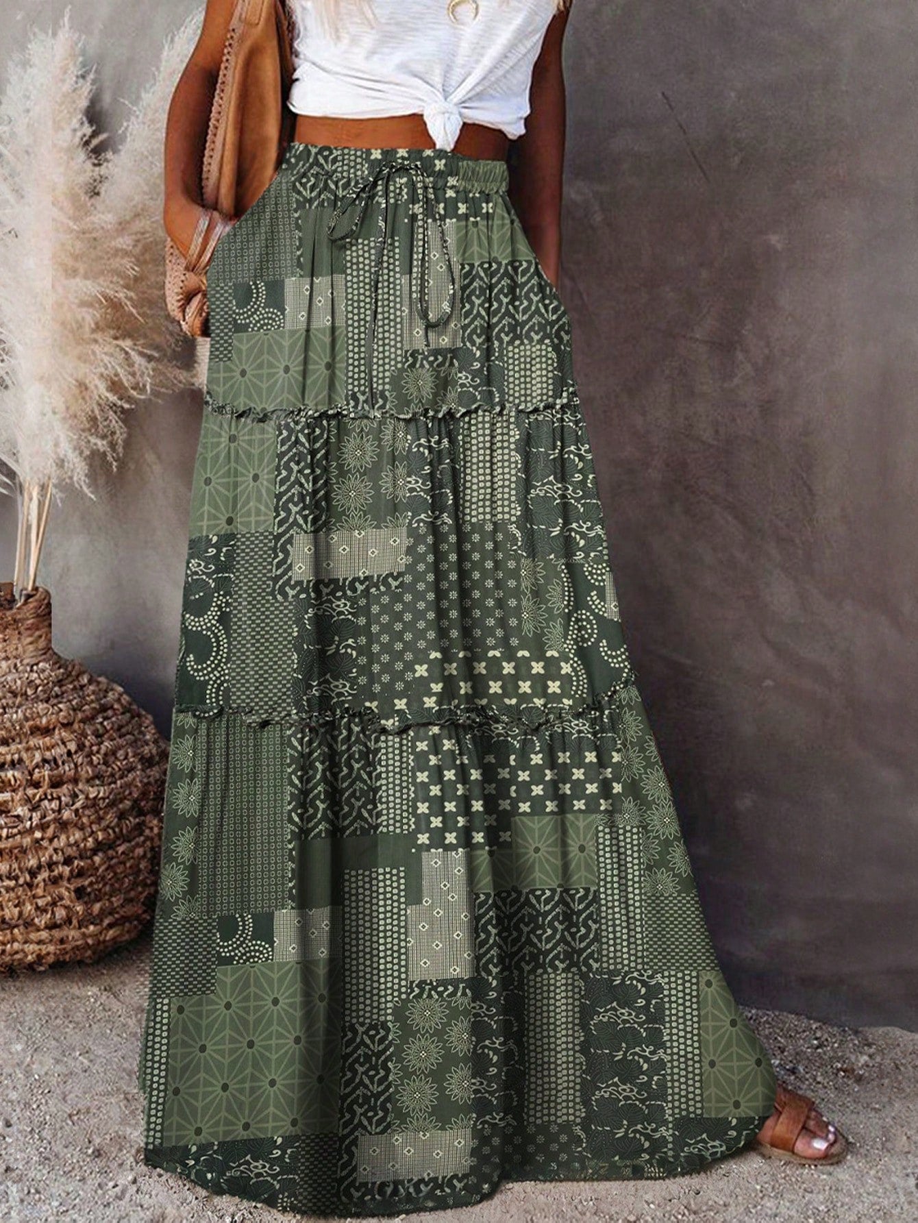 Boho Abstract Print Long Elastic Waist A Line Skirt With Pockets