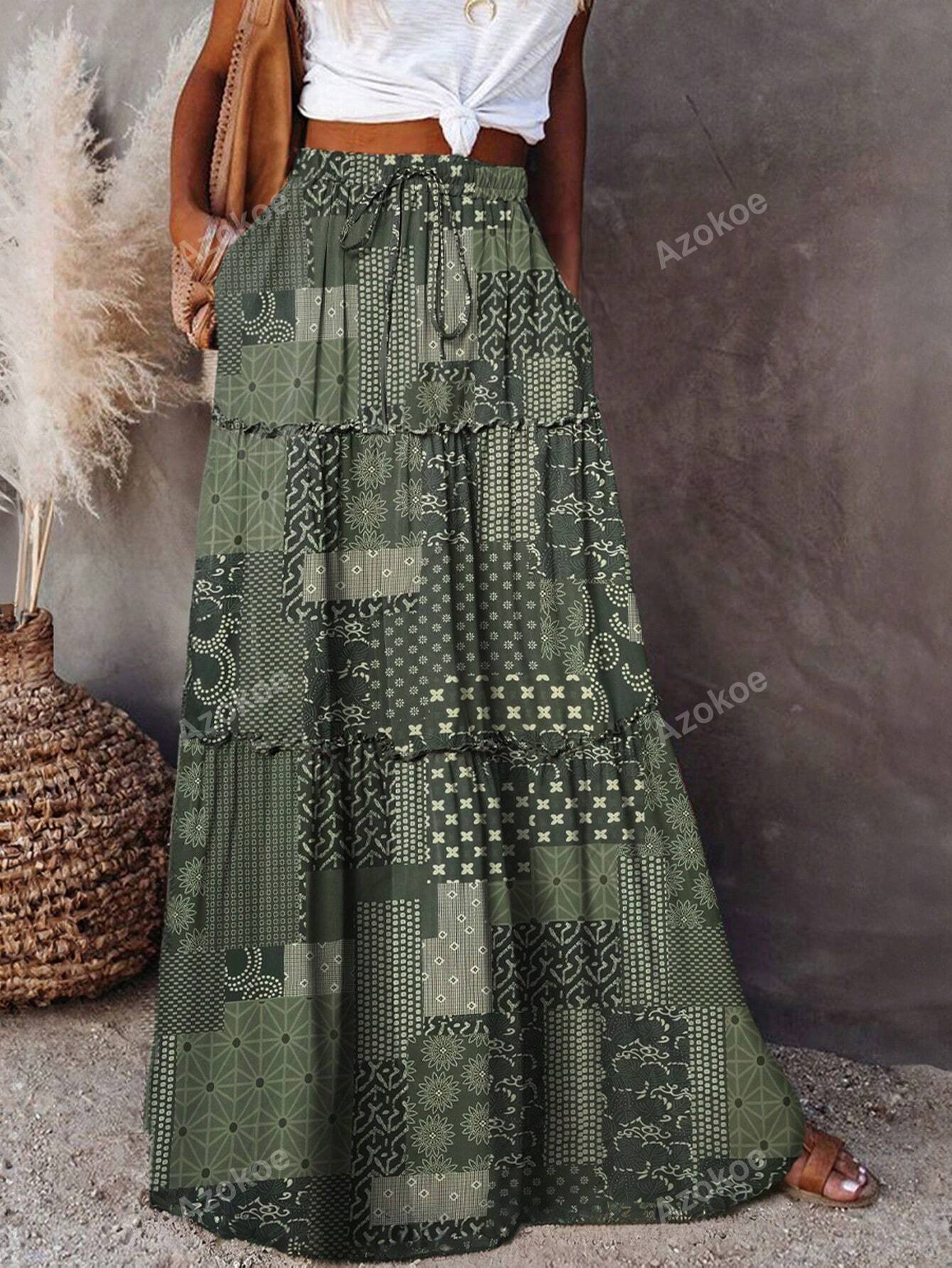 Boho Abstract Print Long Elastic Waist A Line Skirt With Pockets