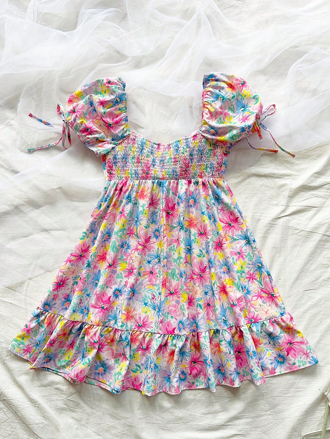 Women Vacation Multi-Color Watercolor Romantic Flowers Countryside Style Casual Girlhood Sensibility Bubble-Sleeve Loose Fit Elasticity Waistband Dress