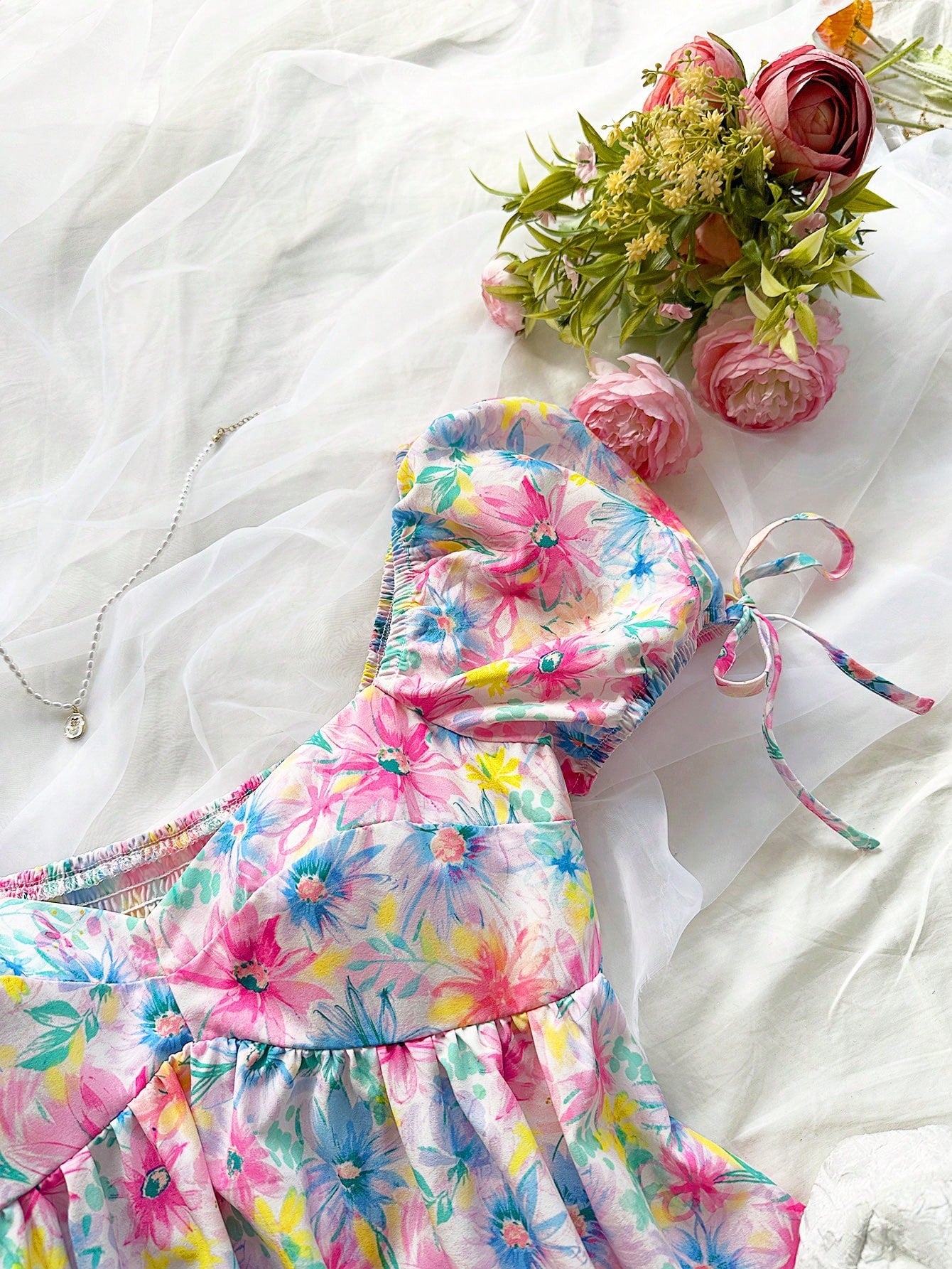 Women Vacation Multi-Color Watercolor Romantic Flowers Countryside Style Casual Girlhood Sensibility Bubble-Sleeve Loose Fit Elasticity Waistband Dress