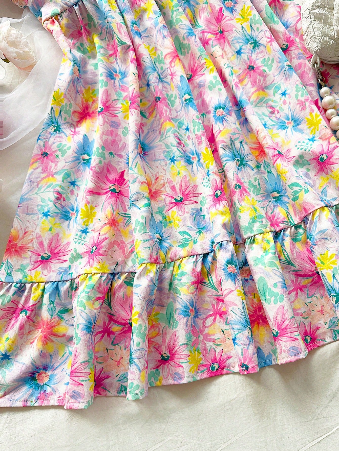 Women Vacation Multi-Color Watercolor Romantic Flowers Countryside Style Casual Girlhood Sensibility Bubble-Sleeve Loose Fit Elasticity Waistband Dress