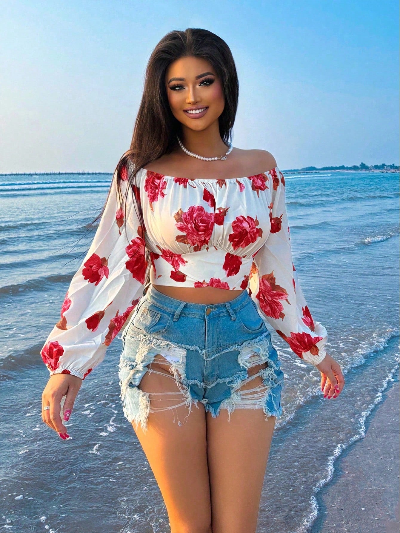 Women's Summer Off-Shoulder Floral Print Resort Casual Shirt