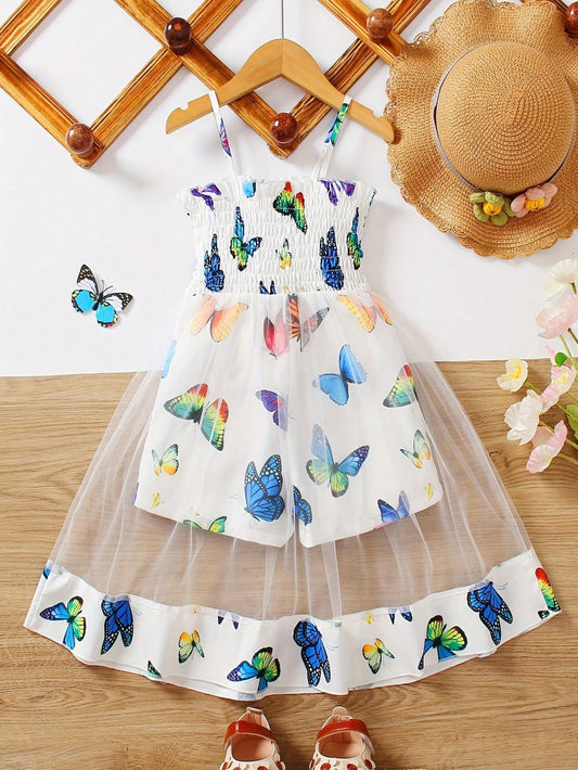 Young Girl New Arrival Sweet And Elegant Style Dress With Spaghetti Straps, Ruched Detailing, Mesh And Ditsy Floral Patchwork For Summer