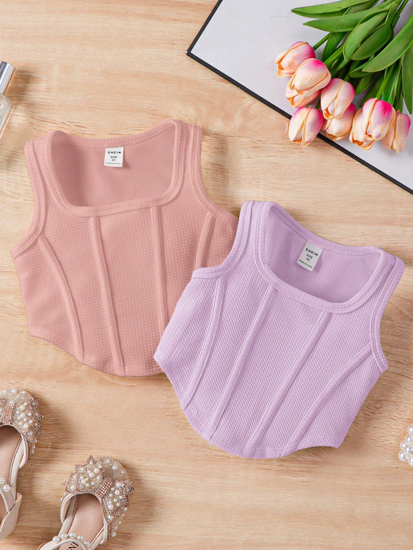 Young Girl Solid Color Tank Top With Square Collar For Casual Wear