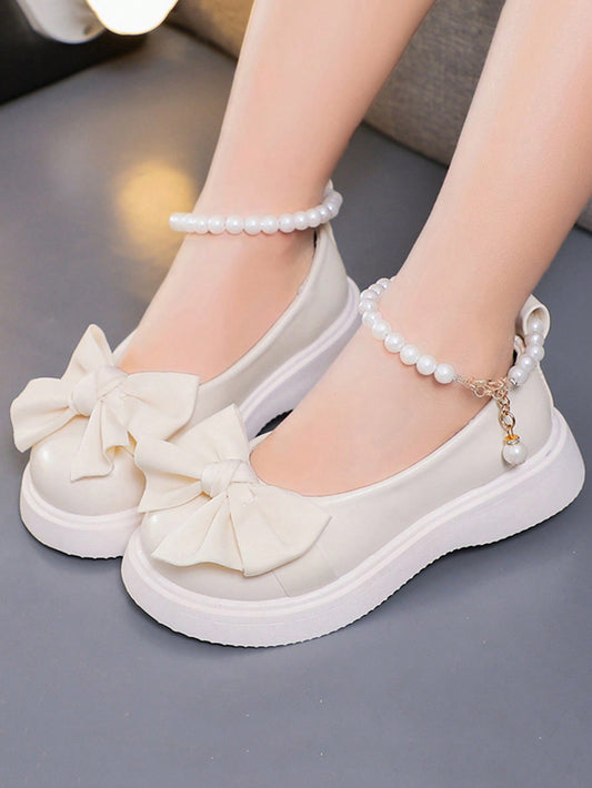 1 Pair Spring And Autumn New Style Girls Pearls And Bowknot Round Toe Slip-On Loafers Children Fashion Flat Shoes Princess Little Leather Shoes