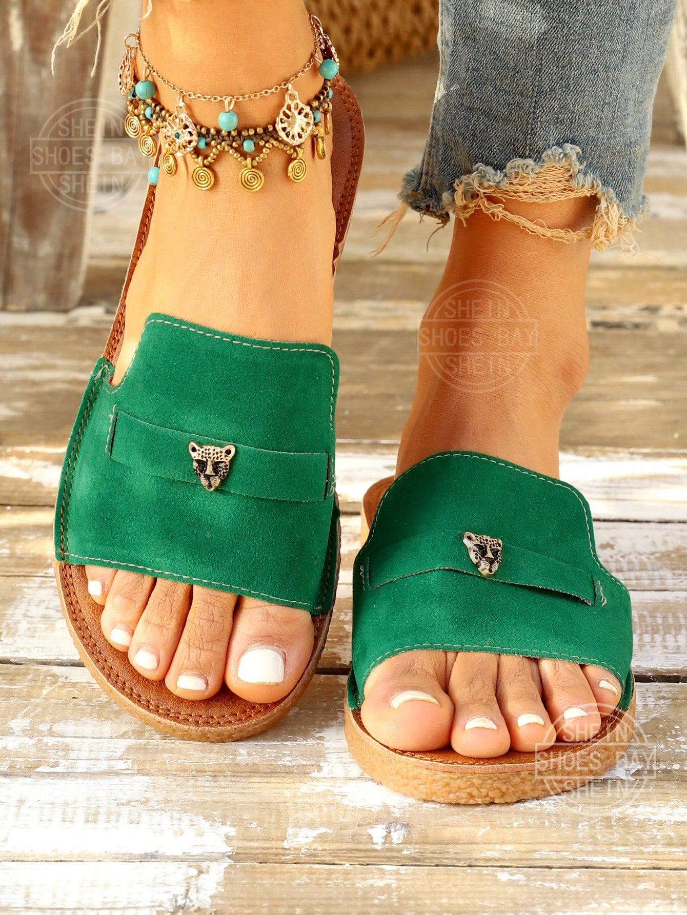 Women Green Flat Sandals Cloth Pendant Stitching Comfortable Casual Vacation Style Flat Sandals