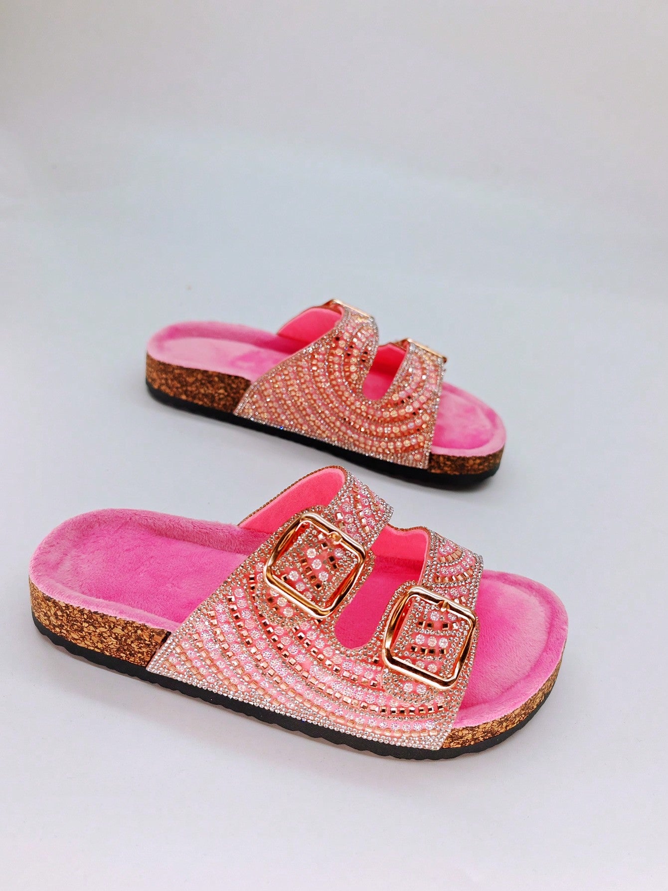 New Black Glass Rhinestone Glitter Flat Slipper Fluffy Wedge Sandals Women's Slip-On Beach Slides