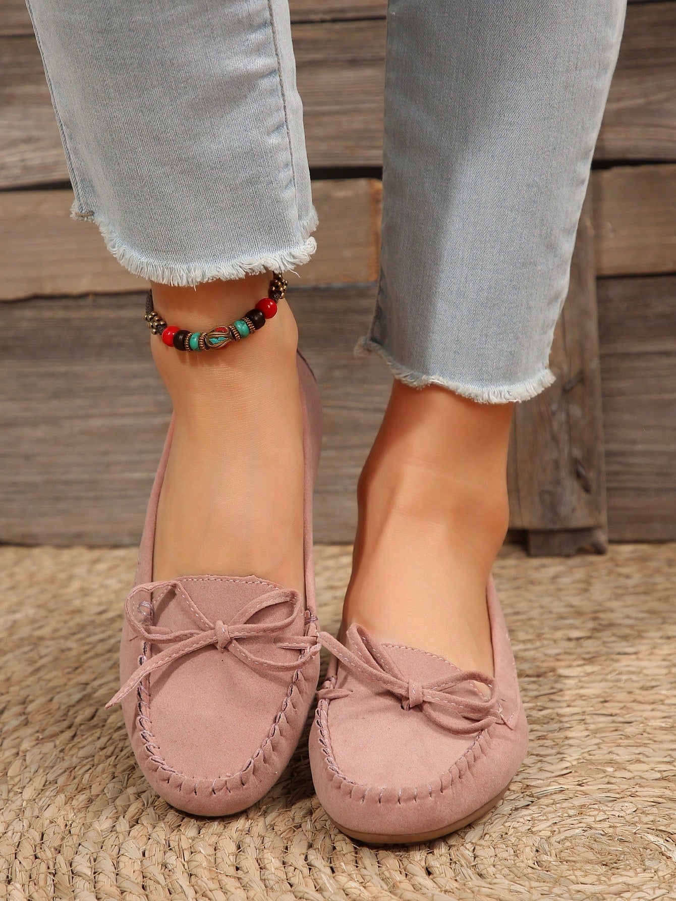 Women Bow Decor Stitched Detail Loafers, Faux Suede Fashion Flats