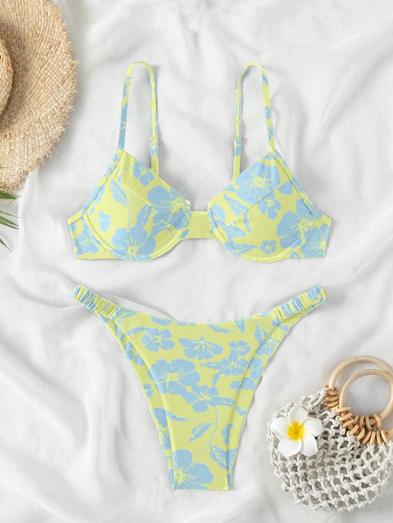 Swim Summer Beach Floral Print V-Neck Halter Bikini Set