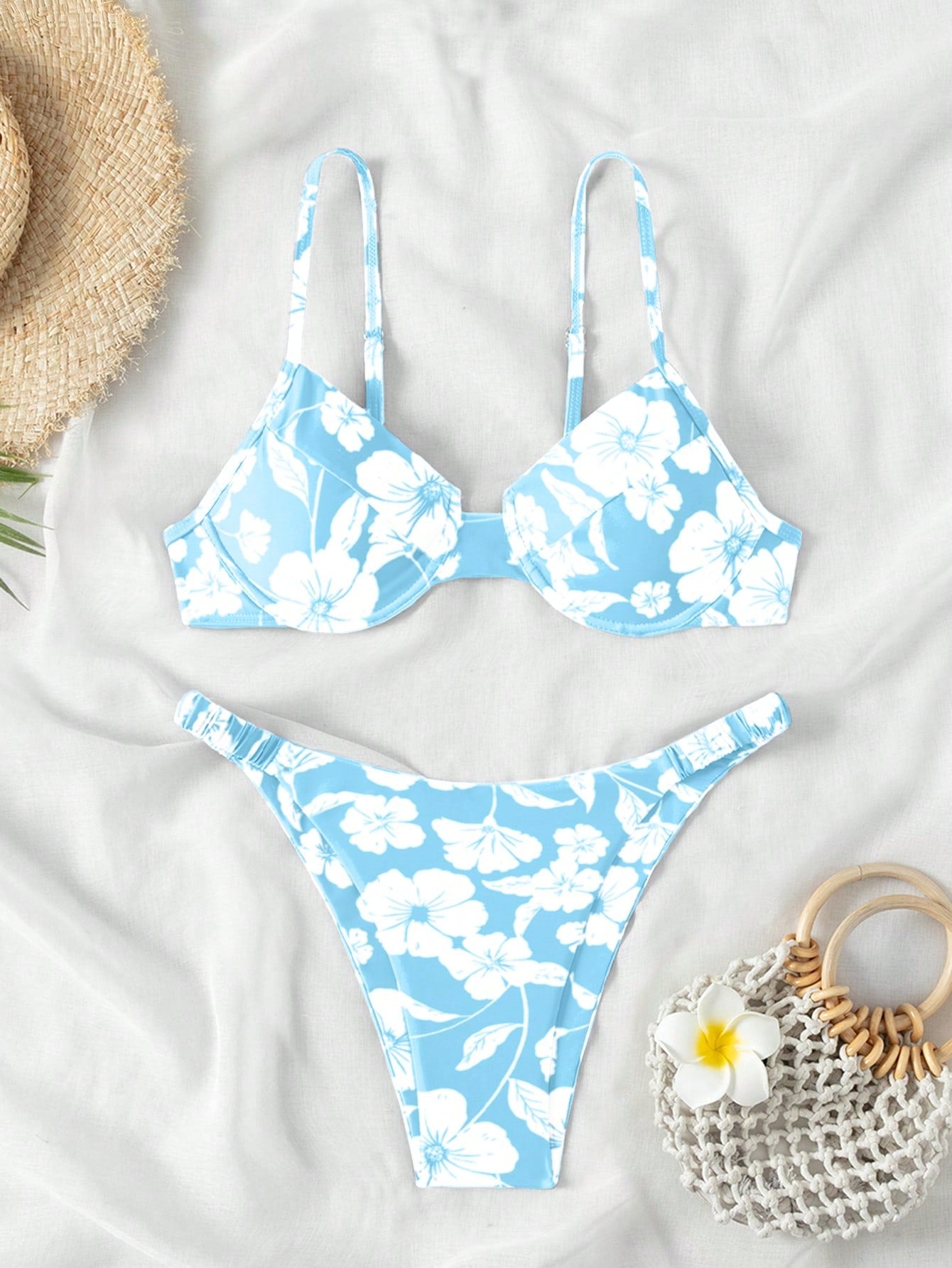 Swim Summer Beach Floral Print V-Neck Halter Bikini Set