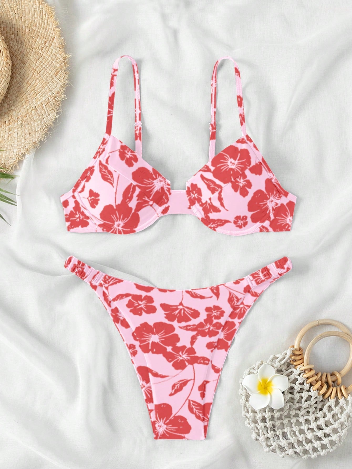 Swim Summer Beach Floral Print V-Neck Halter Bikini Set