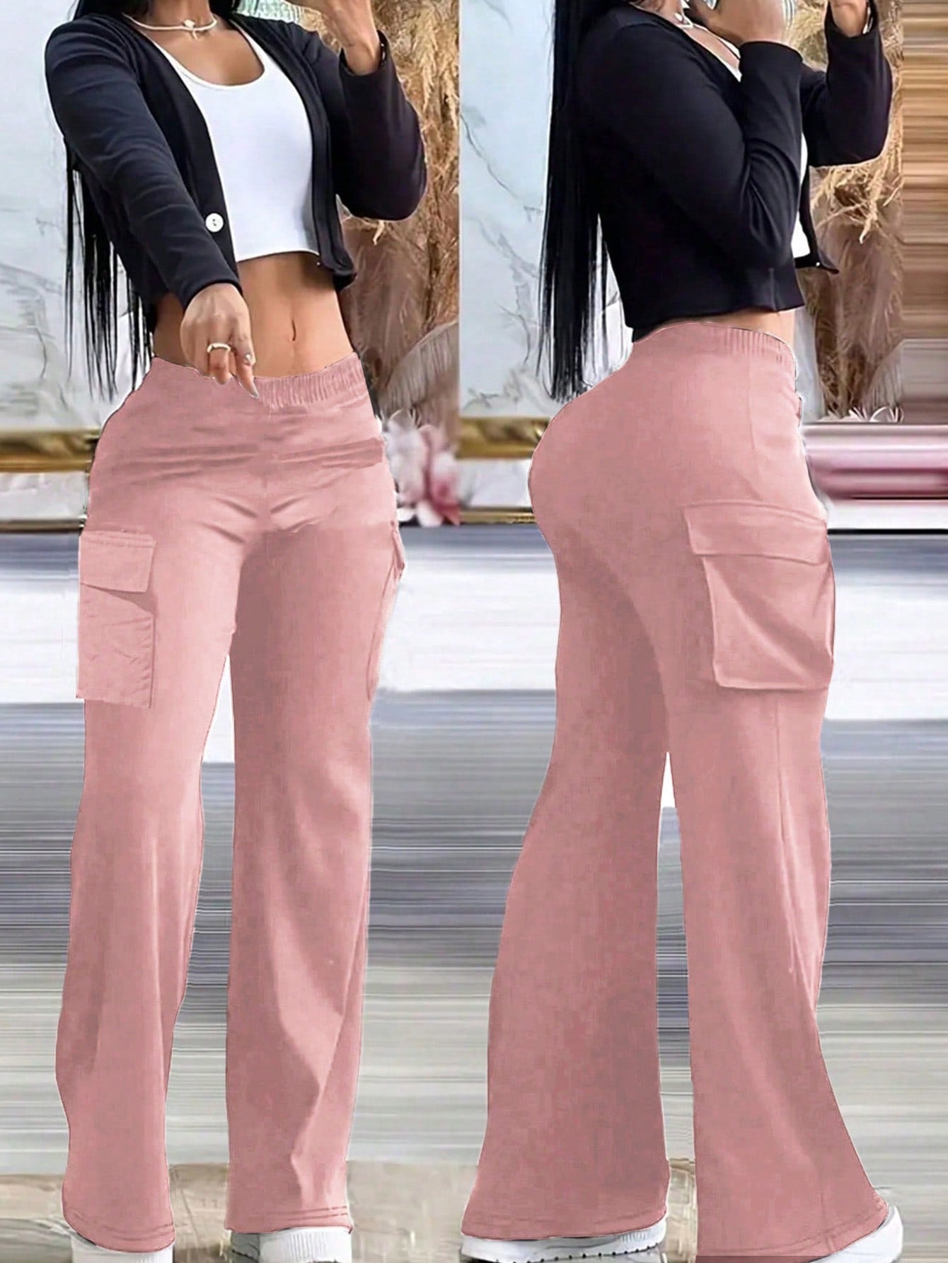 Solid Color Casual Elastic Waist Straight Cargo Pants