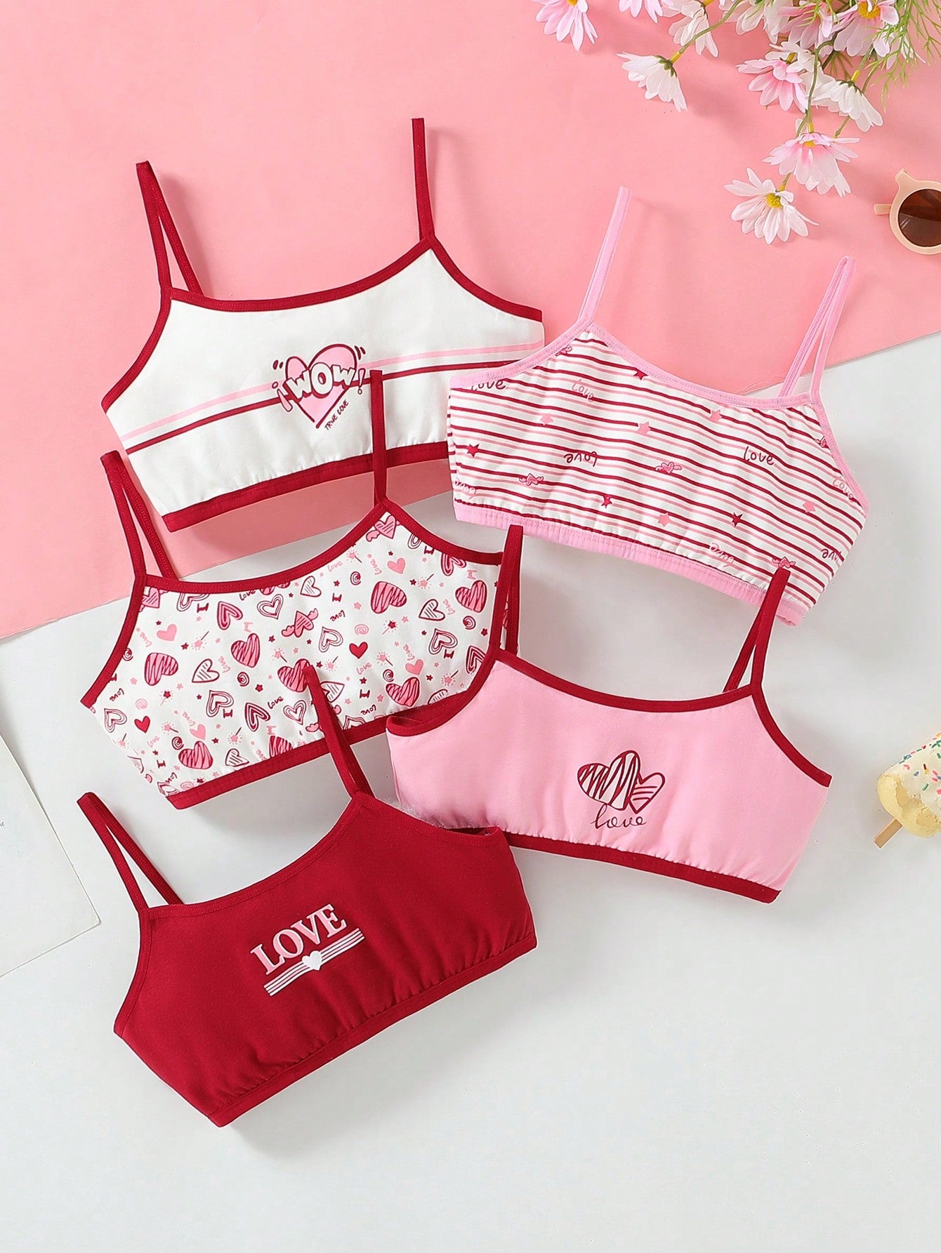 Tween Girl 5pcs Striped & Heart Print Contrast Binding Bra