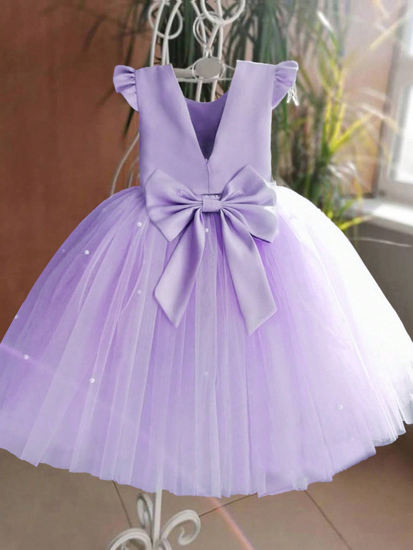 Young Girl Flutter Sleeve Tulle Formal Dress, Suitable For Birthday Party, Dance Party, Casual, Daily Wear, Musical Performance, And Stage Costume