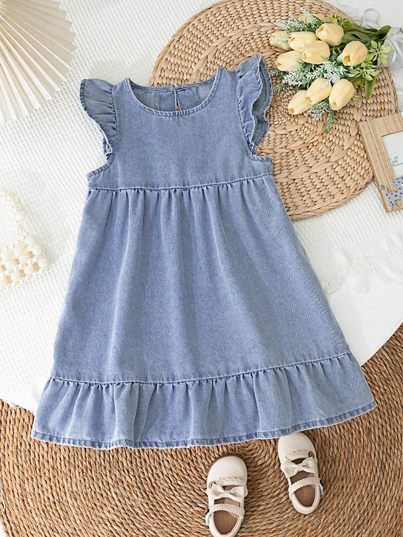 Young Girl Denim Dress, Washed, Comfortable, Soft, Casual, Fashionable, With Lovely And Lively Ruffles.