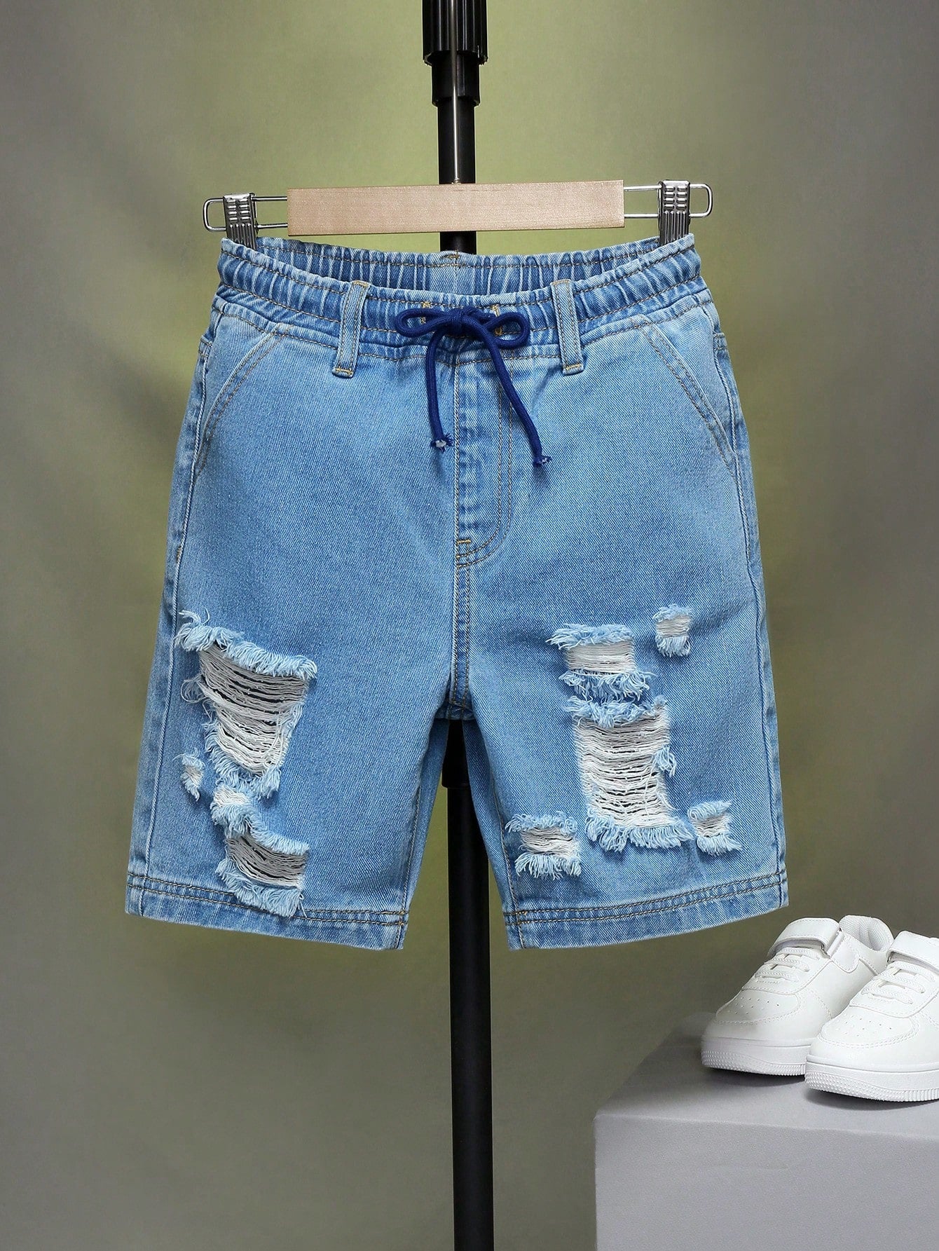 Tween Boy Drawstring Waist Ripped Denim Shorts