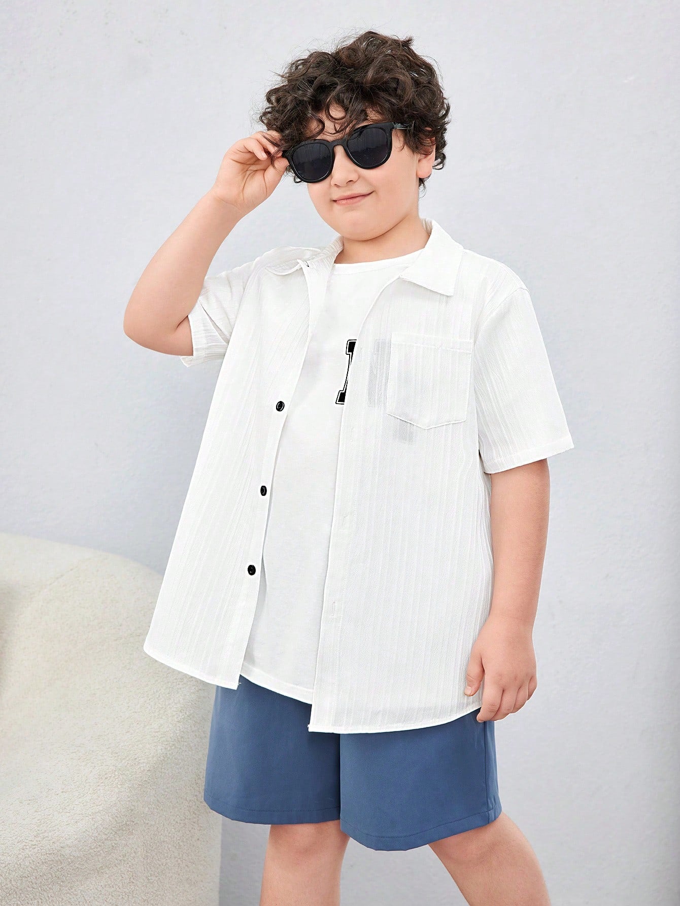 Tween Boy Extended Size Casual Loose Woven Shirt , Short Sleeve And Open Neckline