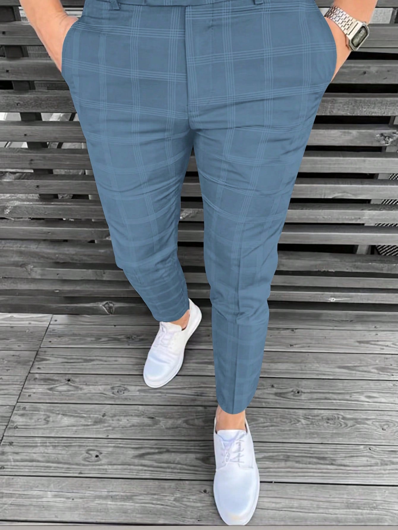 Men Plaid Print Slant Pocket Suit Pants