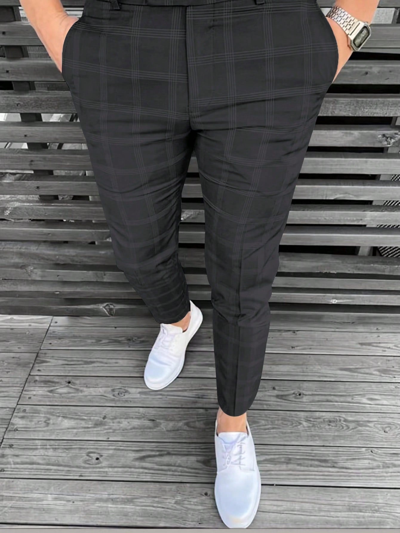 Men Plaid Straight-Legged Daily Casual Commute Suit Pants With Pockets