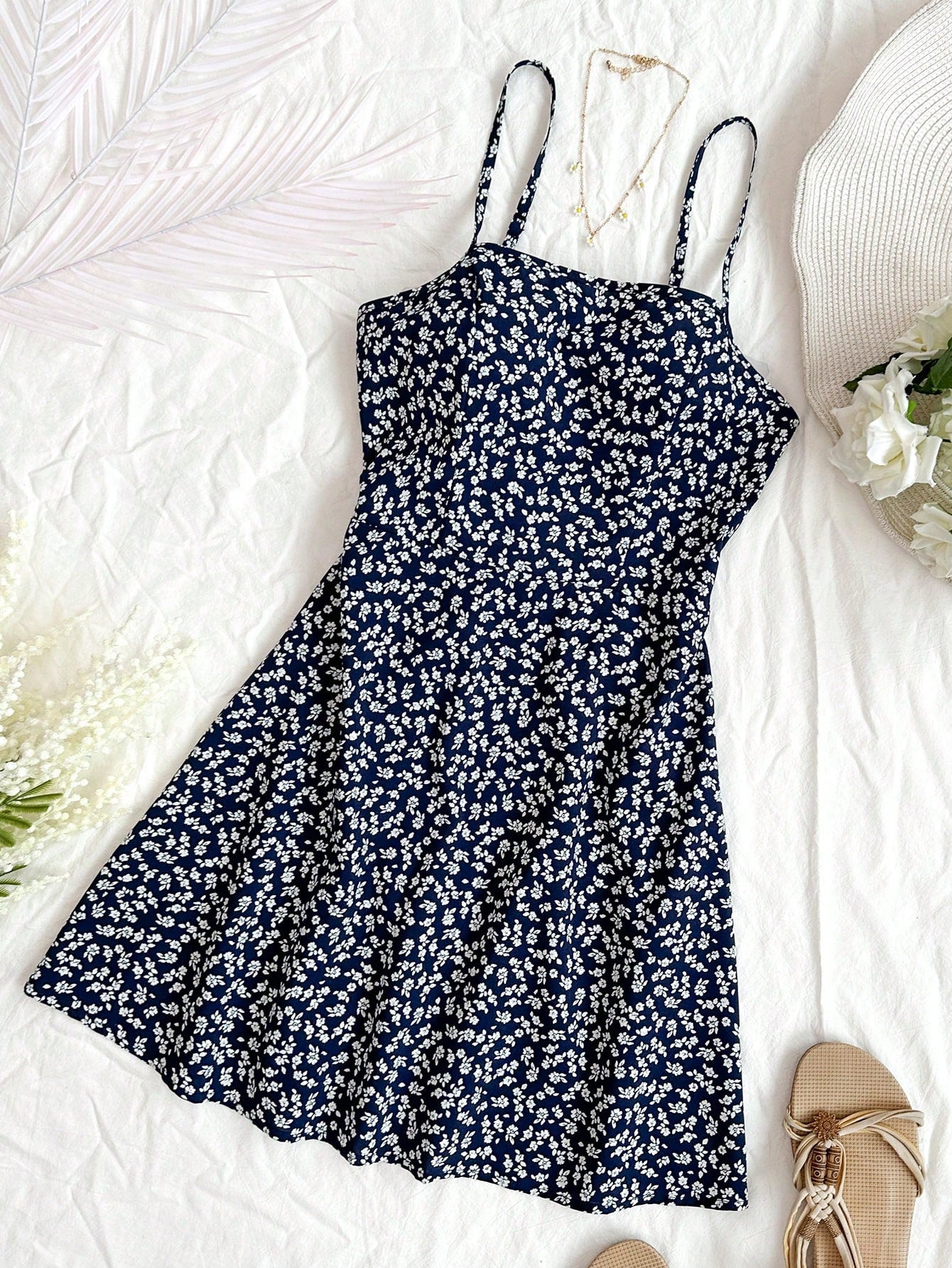 Women Vacation  Spring Break Ditsy Floral Tie Back Cami Blue Dress