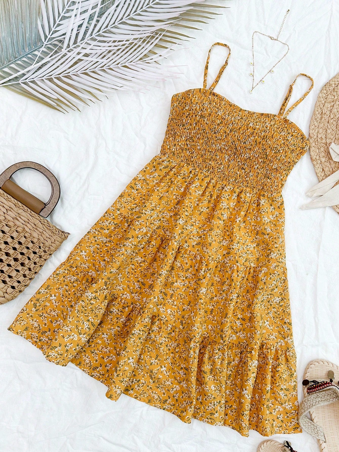 Floral Print Holiday Women's Chest Shirred Spaghetti Strap Dress