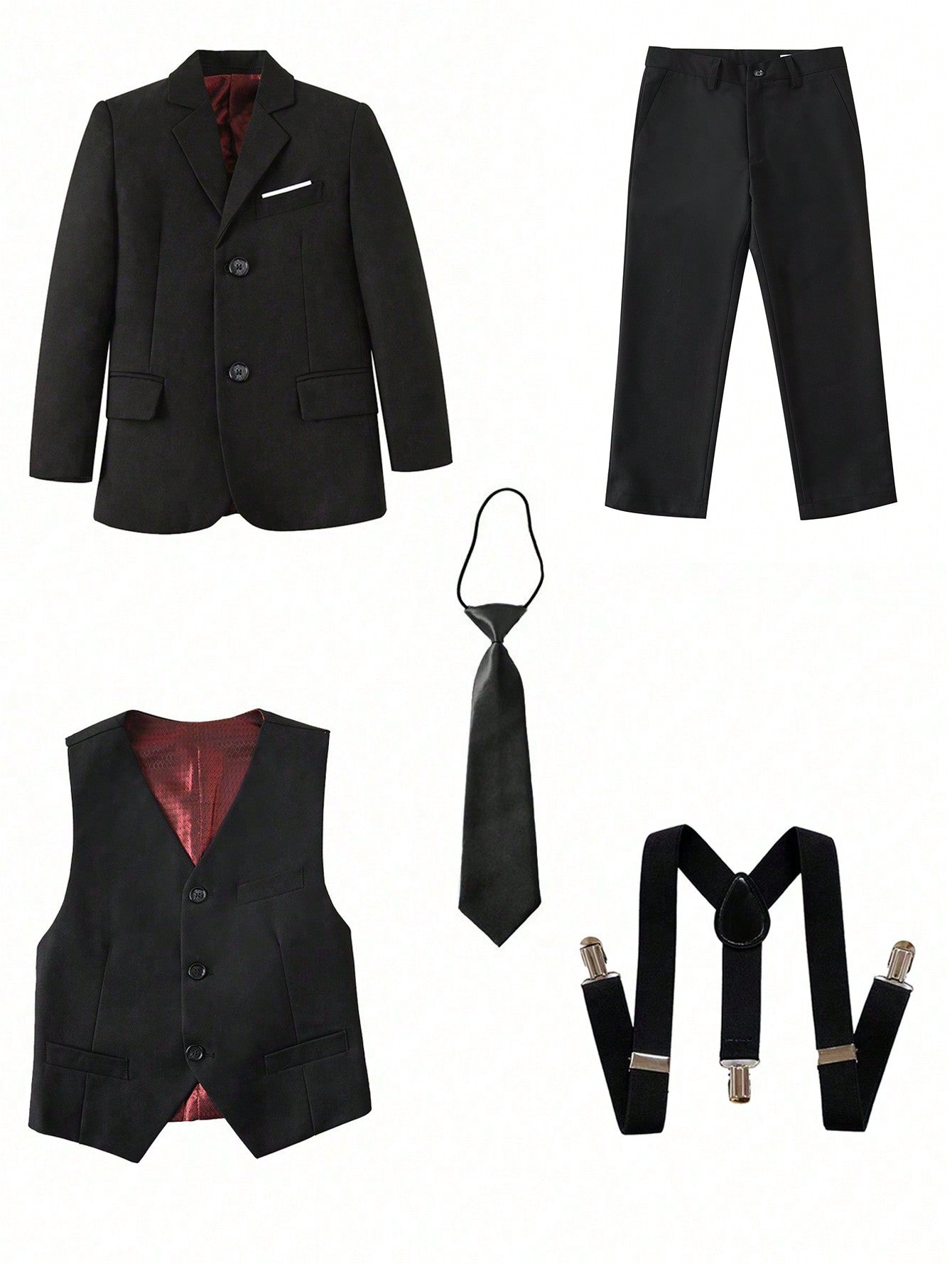 Back To School Season Five-Piece Gray Suit Set For Tween Boys - Jacket, Vest, Pants, Tie, And Suspenders