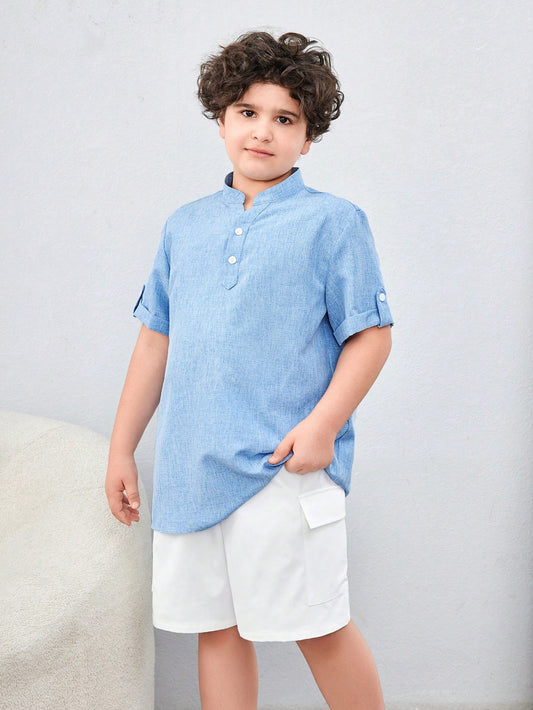 Tween Boys Extended Size Casual Solid Color Stand Collar Half-Button Woven Short Sleeve Shirt