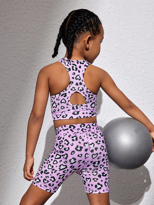 Young Girls' Knitted Leopard Print Sleeveless Top And Shorts Sports Outfit Set