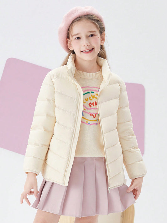 Tween Girl Winter Lightweight Solid Color Stand Collar Slant Pocket Thermal Windproof Down Coat