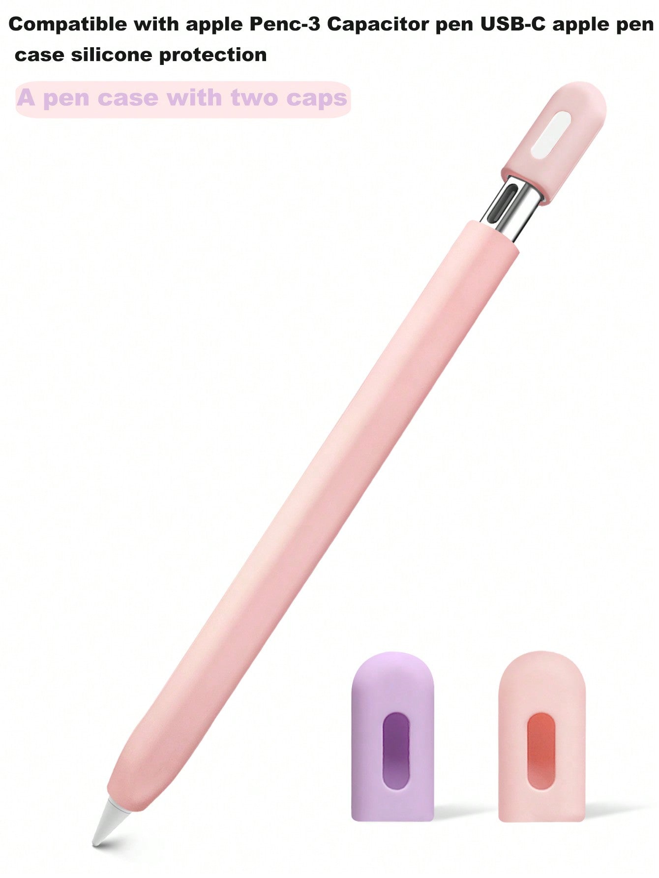 1pc Pink Silicone Protective Case Compatible With Apple Pencil 3 (USB-C) With 2 Pen Caps