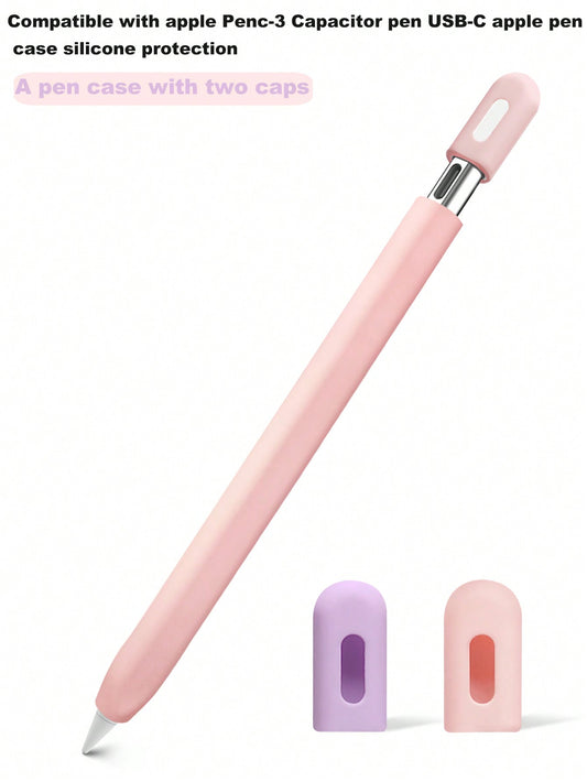 1pc Pink Silicone Protective Case Compatible With Apple Pencil 3 (USB-C) With 2 Pen Caps