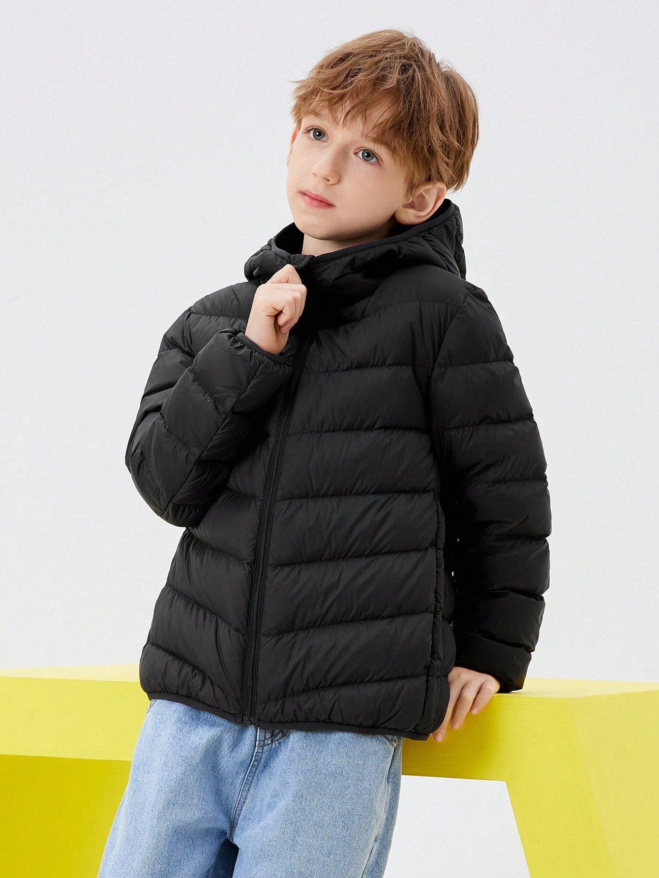 Boys Winter Thickened Solid Color Hooded Jacket Warm And Soft Zipper Design Down Jacket Black