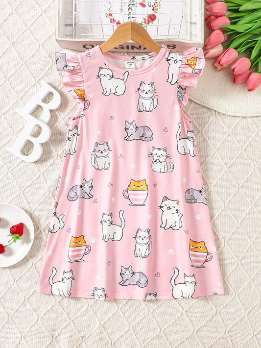 Young Girl Cute Cat Patterned Casual And Comfortable Round-Neck Sleep Dress With Flared Sleeves And Fireproof Feature For Home Use In Summer