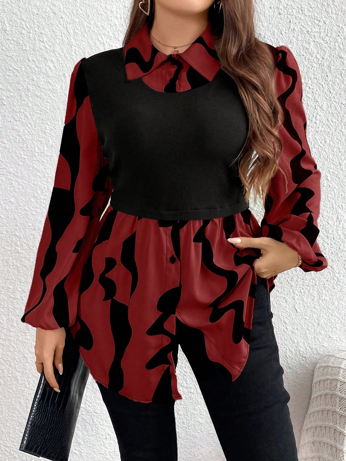 Plus Size Women's Leopard Print Long Sleeve Shirt Collared Top Fall Women Clothes