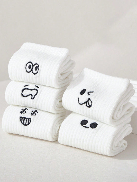 5 Pairs Expression Print Socks, Comfy & Cute Cartoon Crew Socks, Children's Stockings & Hosiery