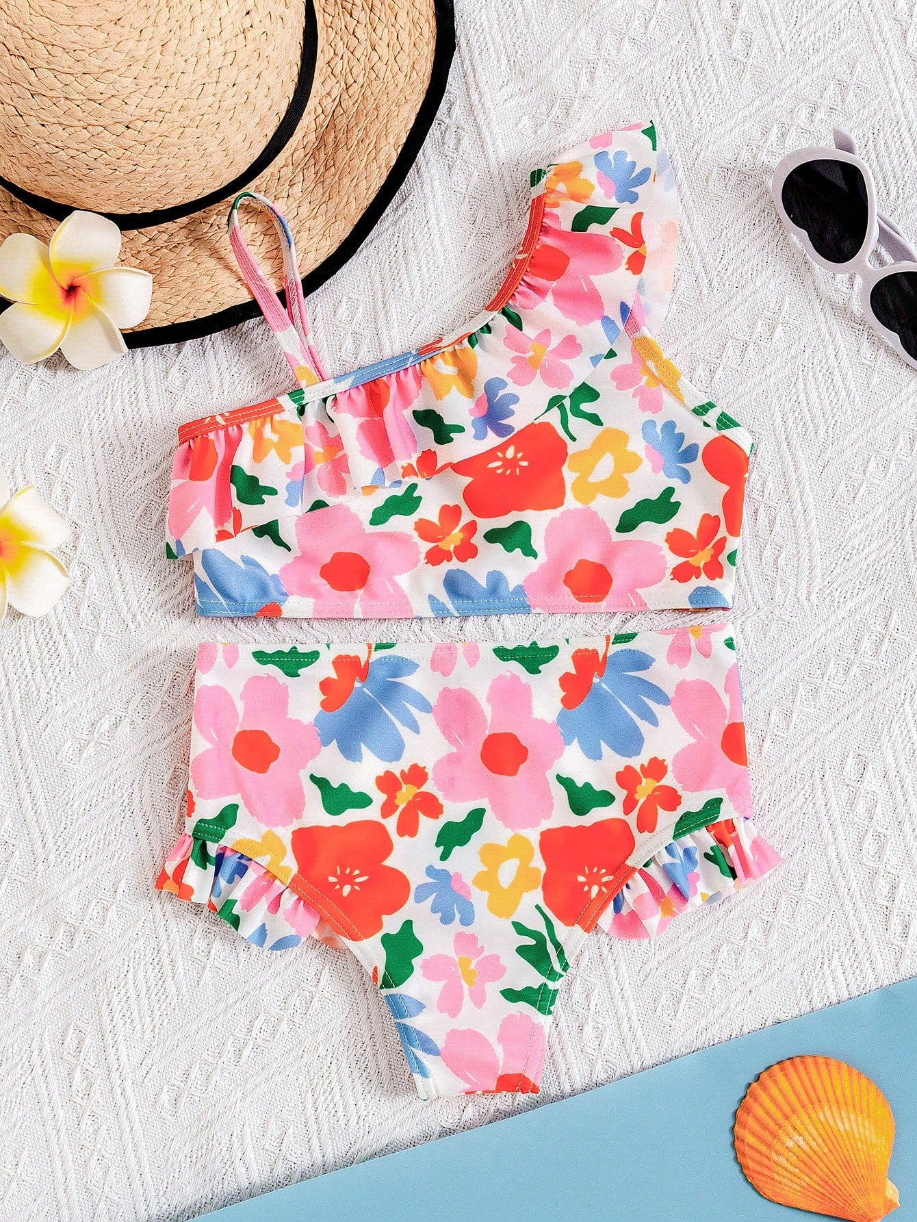 Young Girl Knitted Floral Ruffle Trim One Shoulder Tank Bikini Top With Floral Swimsuit Two Pieces Set