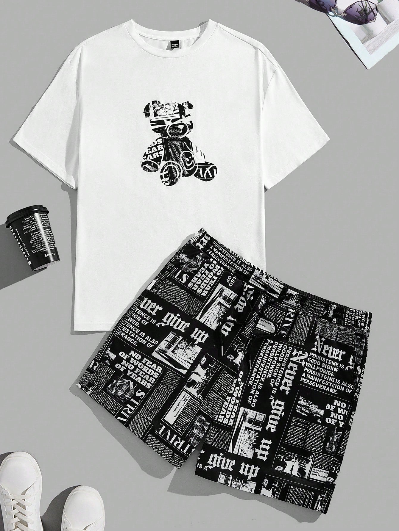 Men Plus Printed Short Sleeve T-Shirt And Woven Shorts Casual 2pcs Outfit