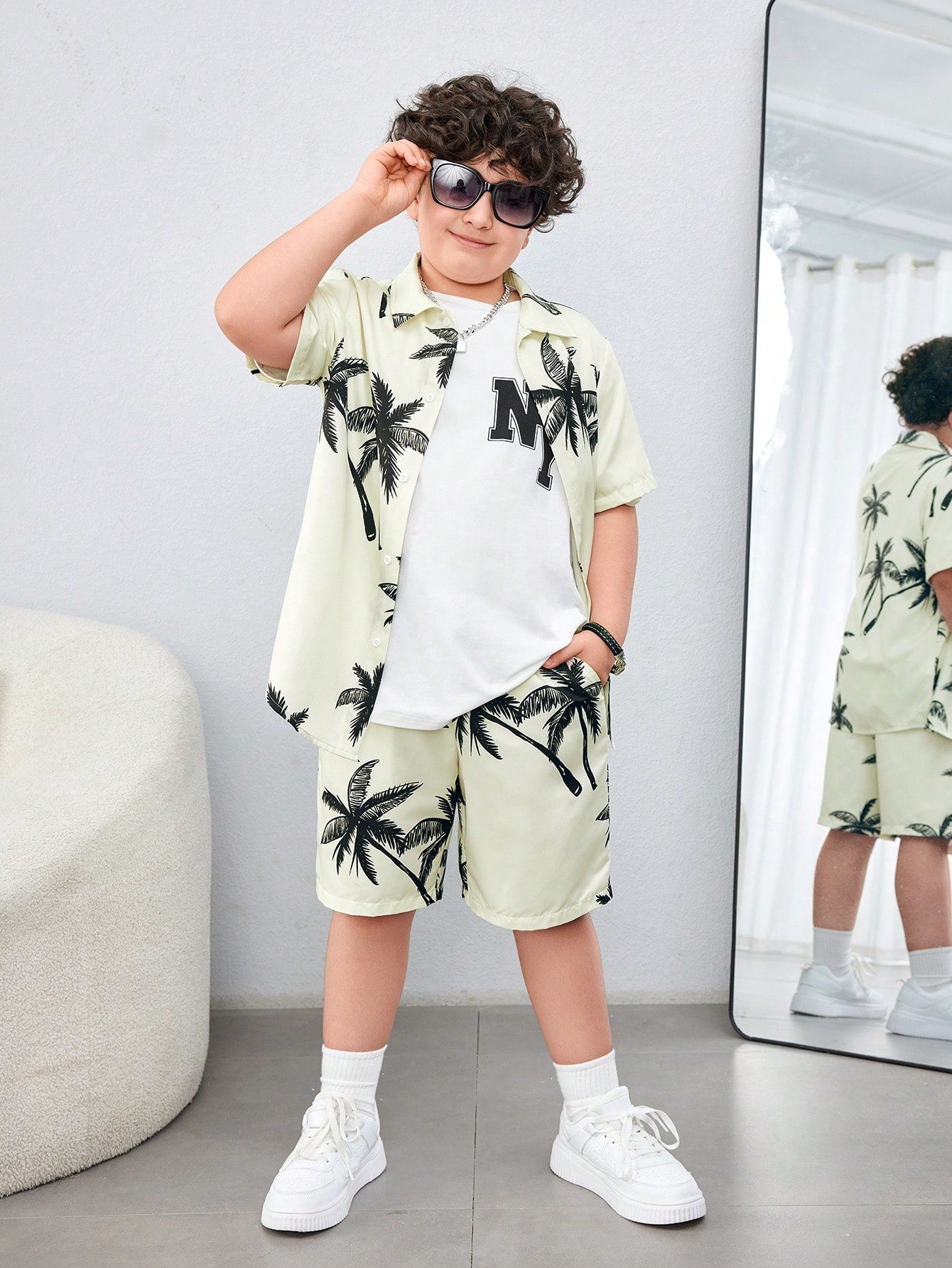 Tween Boys Extended Size Casual Coconut Tree Printed Short-Sleeve Shirt With Lapel And Shorts Weave Two-Piece Suit With Slanted Pockets