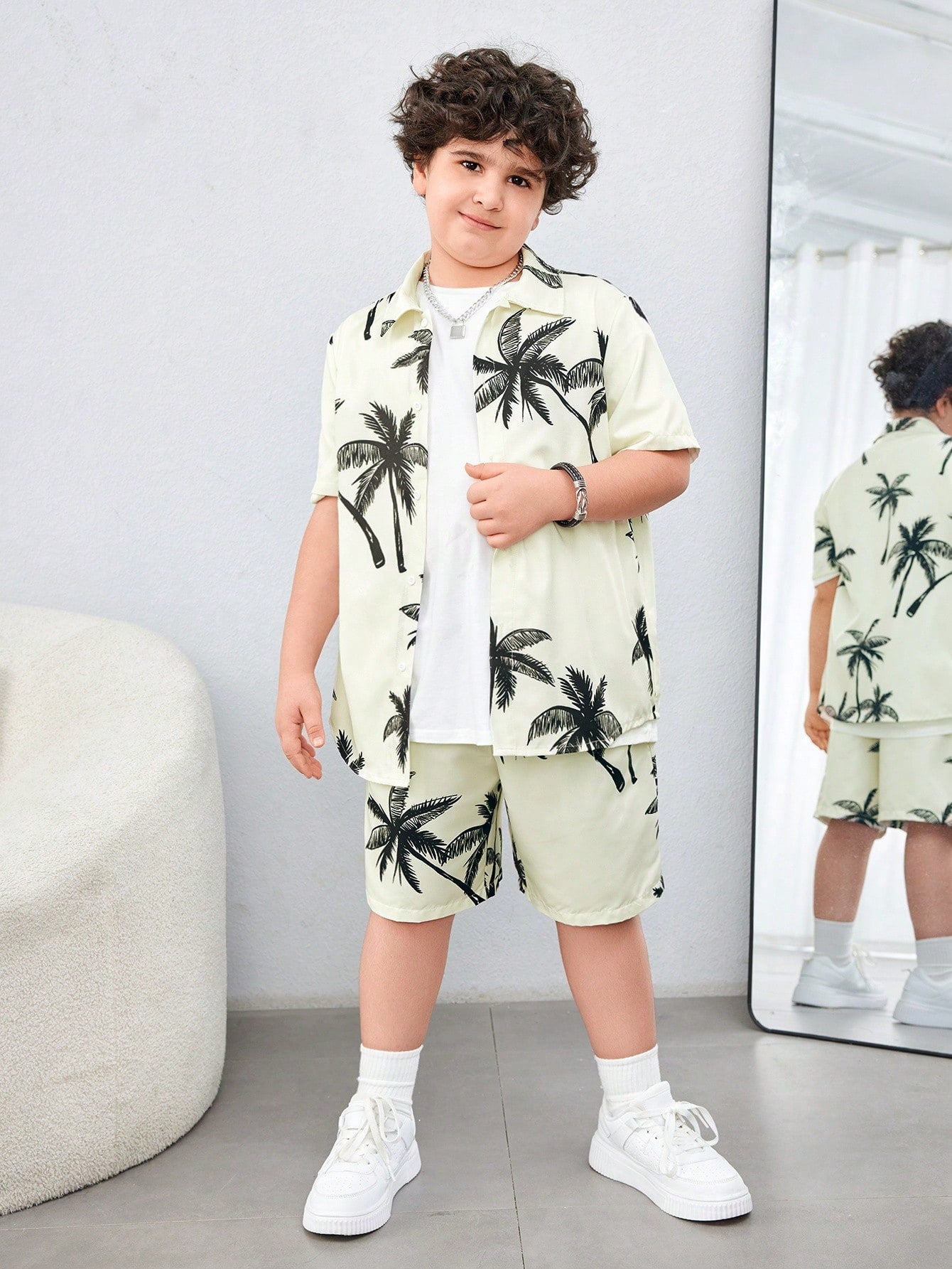 Tween Boys Extended Size Casual Coconut Tree Printed Short-Sleeve Shirt With Lapel And Shorts Weave Two-Piece Suit With Slanted Pockets