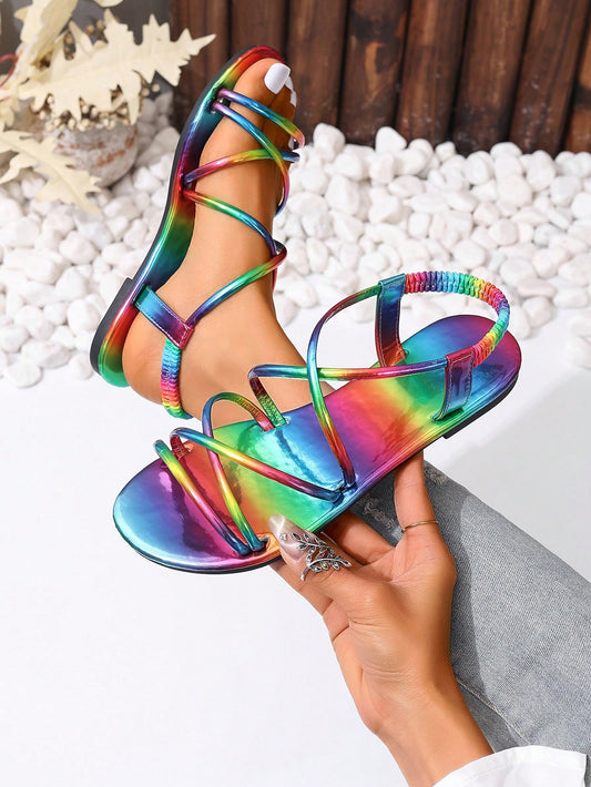 New Fashion Rainbow Striped Flat Roman Sandals For Women With Straps