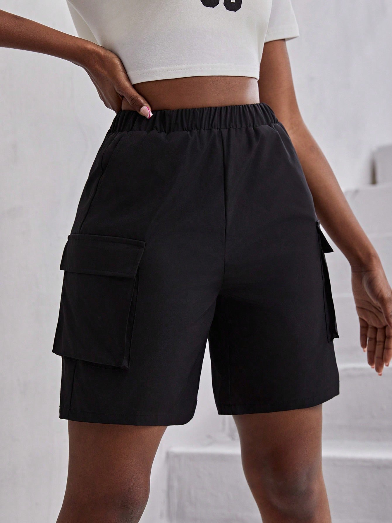 Teen Girl Woven Solid Color Elastic Waist Work Casual Shorts With Pockets