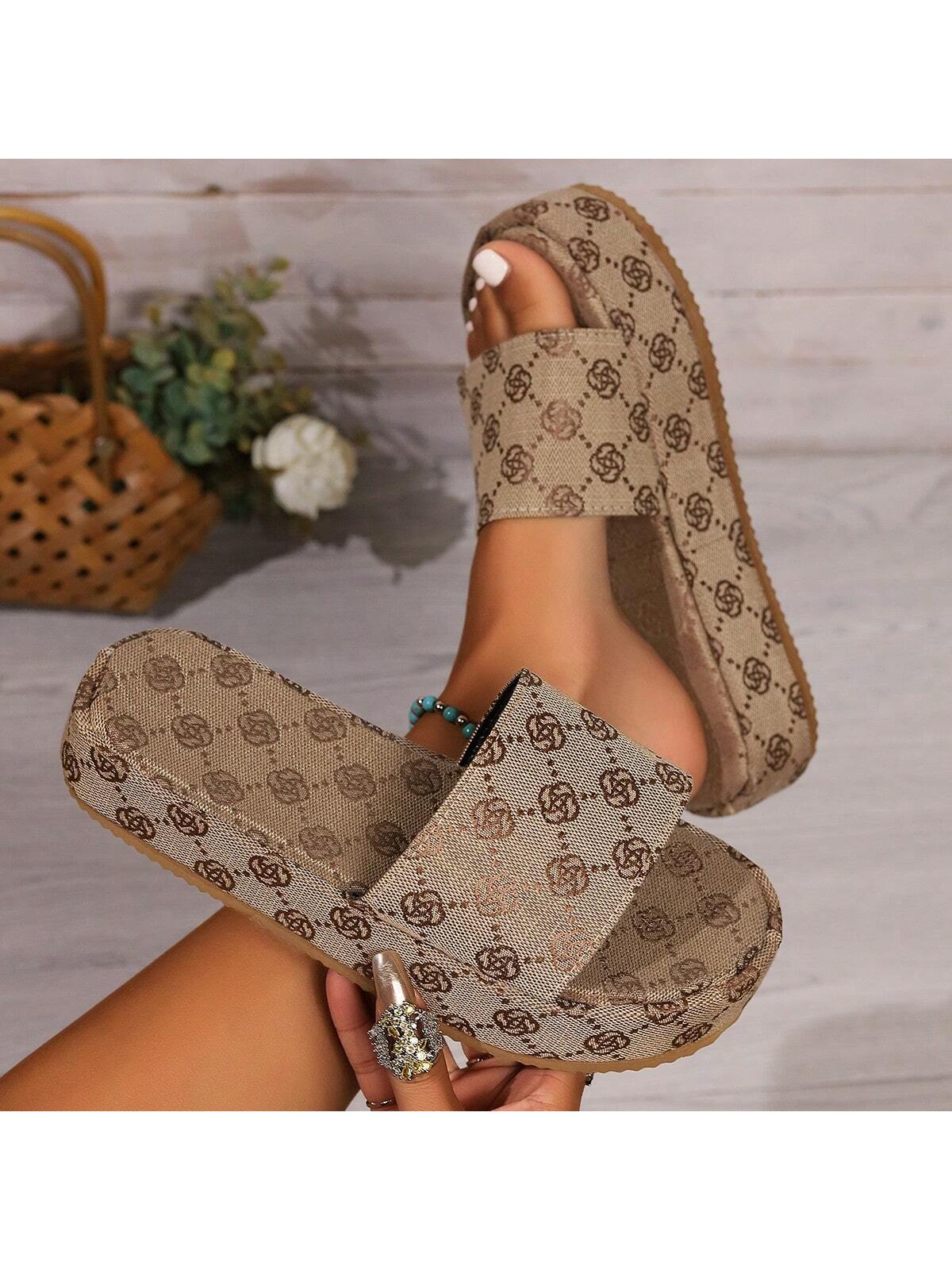 Women's Thick-Soled Slippers/Shoes/Outdoor Wedge Heel Sandals, Fashionable Allover Print, Summer Casual Beach Shoes