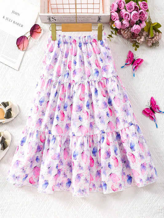 Tween Girl Casual Beach Style Butterfly Printed Skirt For Summer Vacation