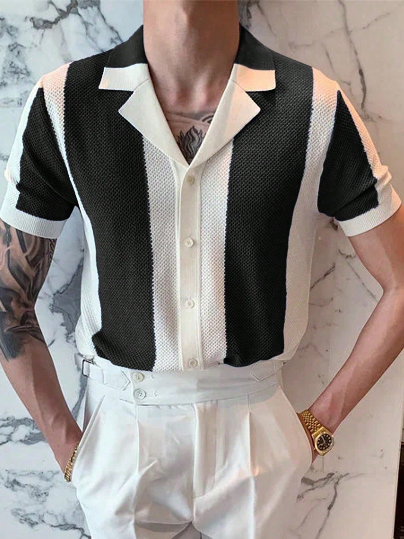 Men Colorblock Lapel Collar Knit Crochet Top