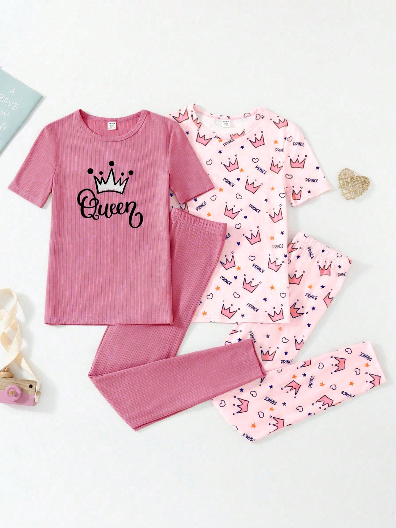 Tween Girl Crown Printed Short Sleeve Top And Long Pants Set, Tight-Fitting Casual Home Clothes, Multiple Pieces